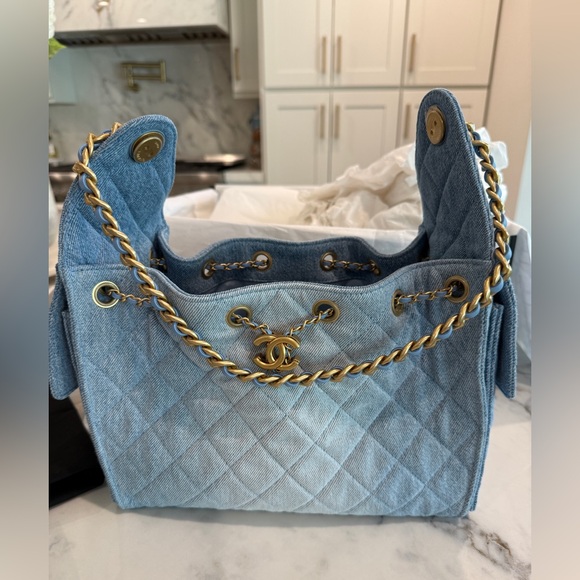 CHANEL Handbags - Chanel 25 Small Light Blue Denim Handbag